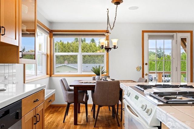 347 W King Tut Rd, Bellingham, WA 98226 - kitchen with range with gas stovetop, dishwasher, light wood-style floors, a chandelier, and hanging light fixtures