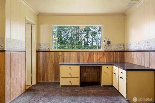 347 W King Tut Rd, Bellingham, WA 98226 - kitchen with built in desk, wood walls, dark carpet, dark countertops, and ornamental molding