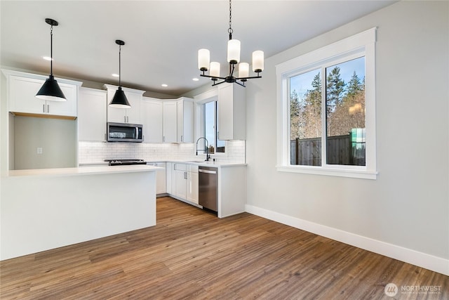 2630LOT12 Sievers Way, Ferndale, WA 98248 - kitchen featuring stainless steel appliances, decorative backsplash, white cabinetry, wood finished floors, and recessed lighting