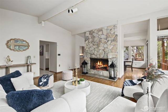 3015 44th Ave W, Seattle, WA 98199 - living area with track lighting, wood finished floors, and a stone fireplace