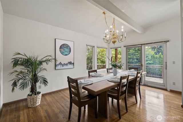 3015 44th Ave W, Seattle, WA 98199 - dining space featuring a chandelier, beamed ceiling, and light wood-style flooring