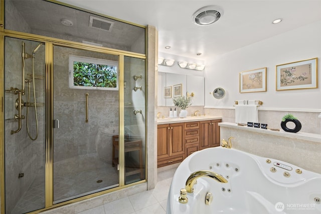 3015 44th Ave W, Seattle, WA 98199 - full bath with double vanity, a tub with jets, a stall shower, and tile patterned flooring