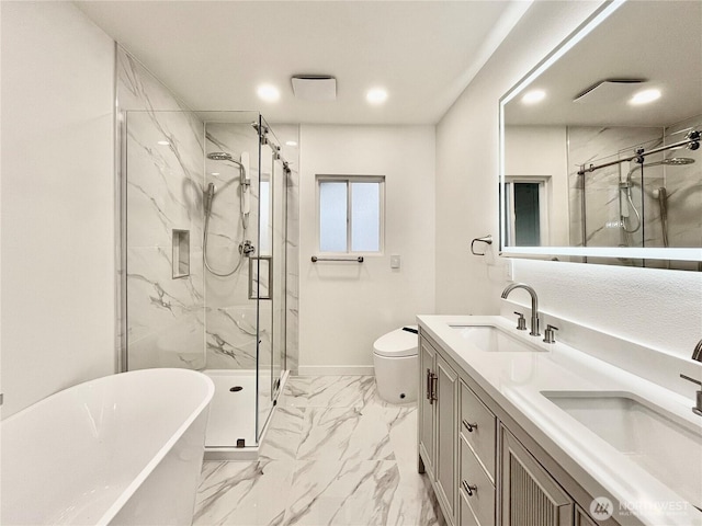 746 N 88th St, Seattle, WA 98103 - bathroom featuring a marble finish shower, a freestanding tub, double vanity, marble look tiles, and recessed lighting