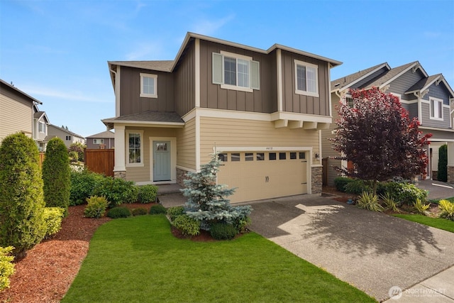 4418 233rd Pl SE, Bothell, WA 98021 - view of front facade featuring board and batten siding, a garage, driveway, and stone siding