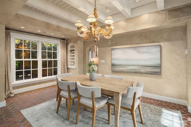 1135 Evergreen Point Rd, Medina, WA 98039 - dining room featuring a wood ceiling with exposed beams, brick floors, and a chandelier