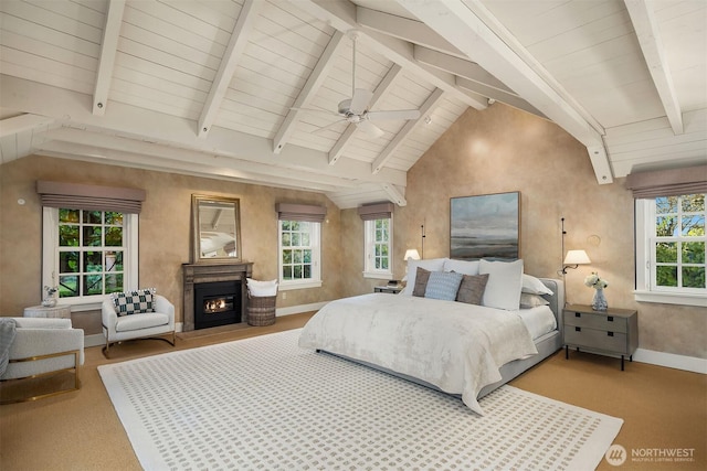 1135 Evergreen Point Rd, Medina, WA 98039 - carpeted bedroom featuring a glass covered fireplace and wood ceiling