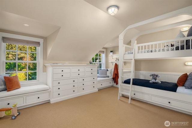1135 Evergreen Point Rd, Medina, WA 98039 - bedroom with light carpet and lofted ceiling
