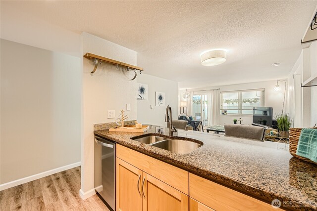 3045 20th Ave W Unit 108, Seattle, WA 98199 - kitchen with dishwasher, dark stone countertops, light wood-type flooring, light brown cabinets, and a textured ceiling