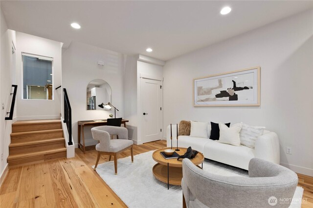 2439 NW 61st St Unit A, Seattle, WA 98107 - living room with stairs, light wood finished floors, and recessed lighting