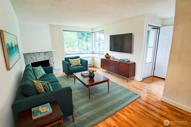 510 S 325th St Unit 19G, Federal Way, WA 98003 - living room featuring light wood-type flooring, healthy amount of natural light, a fireplace, and baseboard heating