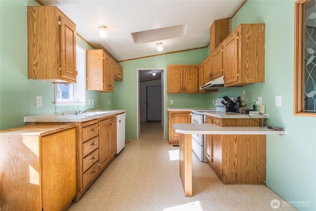19412 Vantage Ln, Onalaska, WA 98570 - kitchen featuring white appliances, under cabinet range hood, light flooring, light countertops, and lofted ceiling
