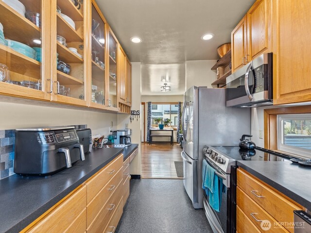 139 Maple St, Camano Island, WA 98282 - kitchen featuring stainless steel appliances, dark countertops, plenty of natural light, recessed lighting, and glass insert cabinets