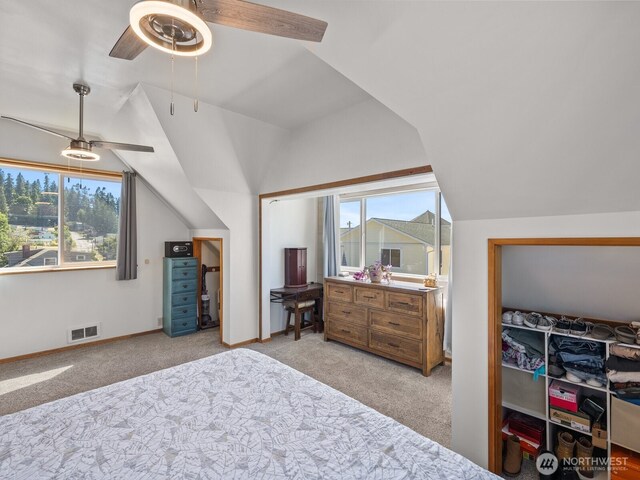 139 Maple St, Camano Island, WA 98282 - bedroom with vaulted ceiling, carpet, and a ceiling fan