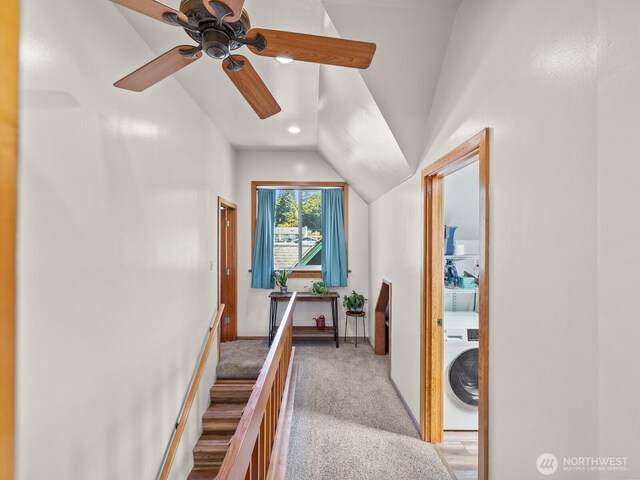 139 Maple St, Camano Island, WA 98282 - stairway featuring lofted ceiling, washer / clothes dryer, a ceiling fan, carpet floors, and recessed lighting