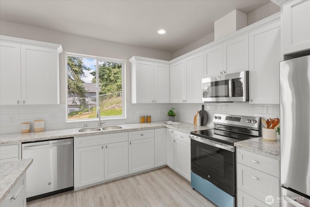 711 S 96th St, Tacoma, WA 98444 - kitchen featuring appliances with stainless steel finishes, decorative backsplash, white cabinetry, and recessed lighting