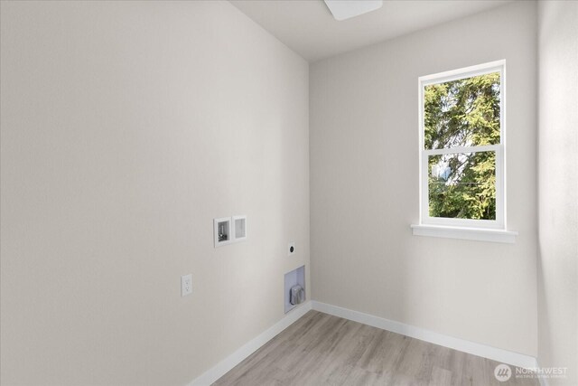 711 S 96th St, Tacoma, WA 98444 - washroom with electric dryer hookup, light wood-type flooring, hookup for a washing machine, and healthy amount of natural light