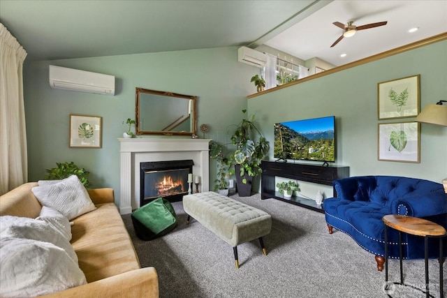 35632 158th St SE, Sultan, WA 98294 - living room with a wall mounted air conditioner, a glass covered fireplace, ceiling fan, vaulted ceiling, and carpet flooring