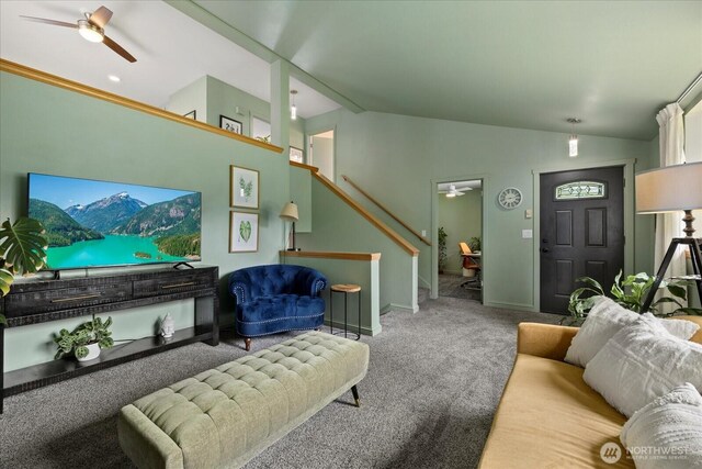35632 158th St SE, Sultan, WA 98294 - carpeted living area with a ceiling fan, vaulted ceiling, and stairway