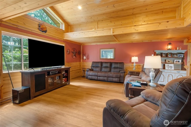 19127 Patterson Rd E, Orting, WA 98360 - living room featuring wooden walls, wooden ceiling, a wainscoted wall, light wood-type flooring, and vaulted ceiling