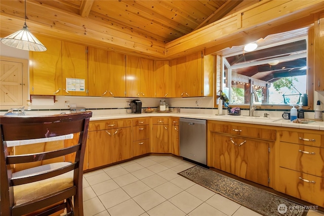 19127 Patterson Rd E, Orting, WA 98360 - kitchen with stainless steel dishwasher, wood ceiling, light tile patterned floors, lofted ceiling, and decorative light fixtures