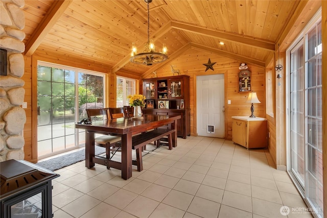 19127 Patterson Rd E, Orting, WA 98360 - dining room with wooden ceiling, a chandelier, wood walls, and light tile patterned floors