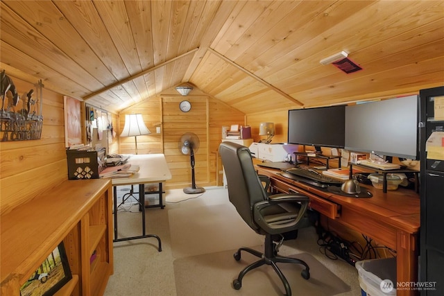 19127 Patterson Rd E, Orting, WA 98360 - carpeted office with wood ceiling, wooden walls, and vaulted ceiling