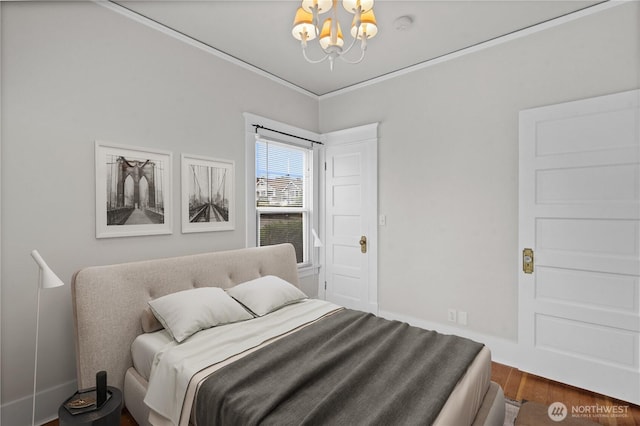 6903 Fauntleroy Way SW, Seattle, WA 98136 - bedroom featuring a chandelier, dark wood-style flooring, and crown molding