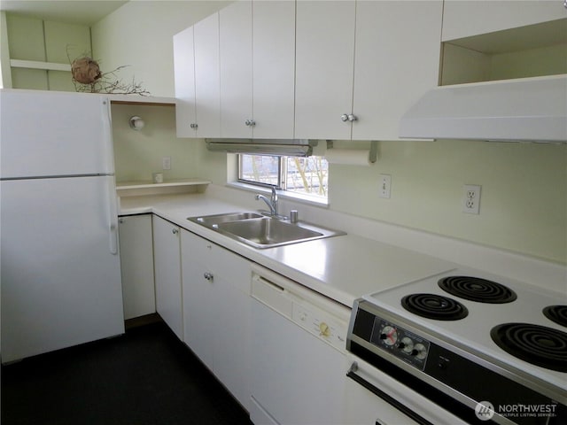 716 N 42nd St, Seattle, WA 98103 - kitchen featuring white appliances, exhaust hood, white cabinets, light countertops, and open shelves