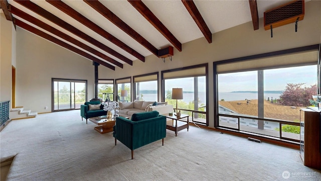 29417 1st Ave S, Federal Way, WA 98003 - living area featuring carpet, a water view, beamed ceiling, and high vaulted ceiling