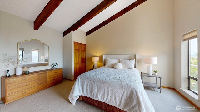 29417 1st Ave S, Federal Way, WA 98003 - bedroom featuring light colored carpet, beam ceiling, multiple windows, and high vaulted ceiling