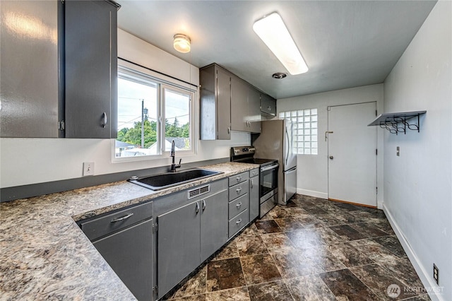 727 E 11th St, Port Angeles, WA 98362 - kitchen with stainless steel appliances, gray cabinets, dark stone finish floors, and light countertops
