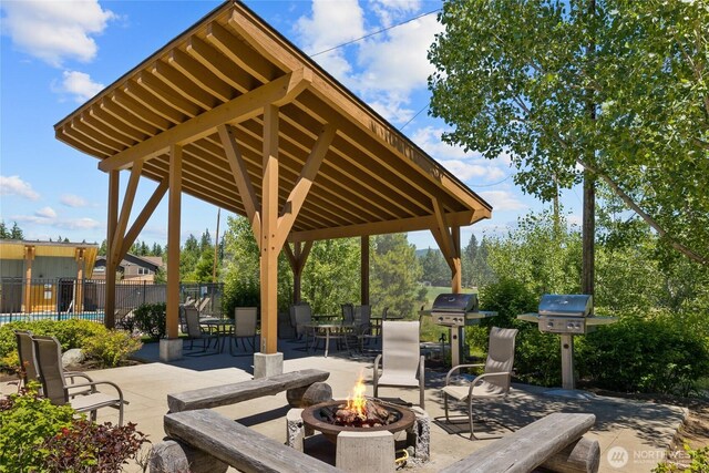 3770 Suncadia Trl Unit 309, Cle Elum, WA 98922 - view of patio featuring a fire pit, area for grilling, and a gazebo