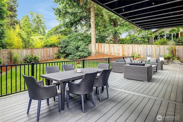 9101 SE 57th St, Mercer Island, WA 98040 - deck featuring a fenced backyard, outdoor lounge area, and outdoor dining area