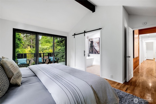 9101 SE 57th St, Mercer Island, WA 98040 - bedroom featuring access to outside, beamed ceiling, a barn door, wood finished floors, and high vaulted ceiling
