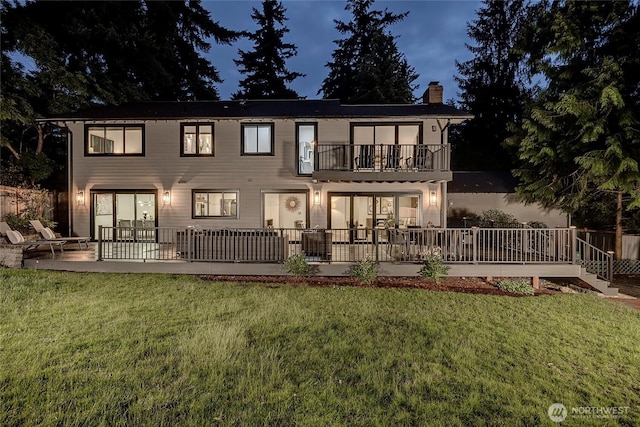 9101 SE 57th St, Mercer Island, WA 98040 - rear view of property with a balcony, a chimney, a yard, and a patio area