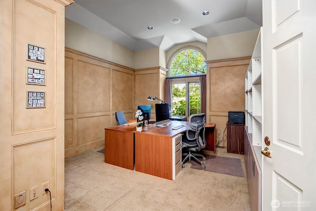 20821 NE 141st St, Woodinville, WA 98077 - office area featuring a decorative wall, light colored carpet, and lofted ceiling