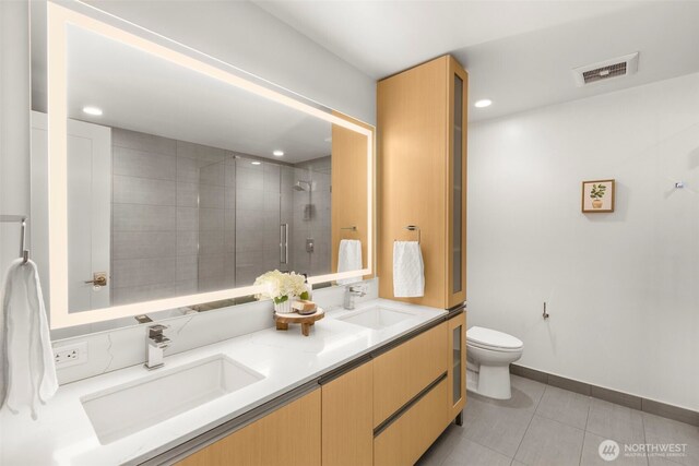 1808 Minor Ave Unit 3601, Seattle, WA 98101 - full bathroom featuring double vanity, tile patterned flooring, tiled shower, and recessed lighting