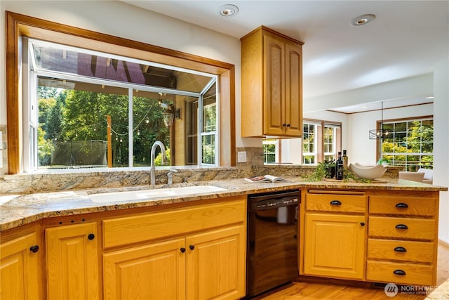36434 249th Ave SE, Enumclaw, WA 98022 - kitchen featuring black dishwasher, light wood-style floors, light stone counters, recessed lighting, and tasteful backsplash