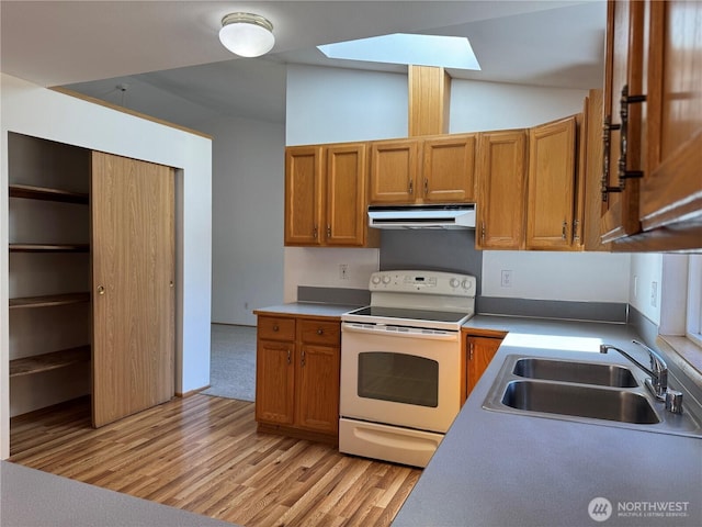 16322 83rd Ct SE, Yelm, WA 98597 - kitchen with white electric range oven, under cabinet range hood, light wood-style flooring, brown cabinets, and lofted ceiling