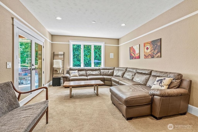 2608 Cascade Way, Longview, WA 98632 - carpeted living room featuring healthy amount of natural light, a textured wall, recessed lighting, and a textured ceiling