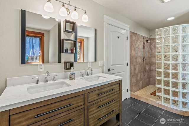 2608 Cascade Way, Longview, WA 98632 - bathroom featuring walk in shower, double vanity, and tile patterned floors