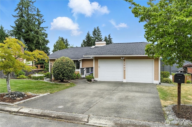 2500 171st Ave SE, Bellevue, WA 98008 - view of front facade featuring an attached garage, a front yard, stucco siding, asphalt driveway, and roof with shingles