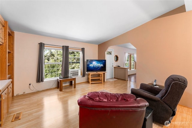 301 Salmonberry Ln, Friday Harbor, WA 98250 - living room featuring lofted ceiling, light wood-type flooring, and arched walkways