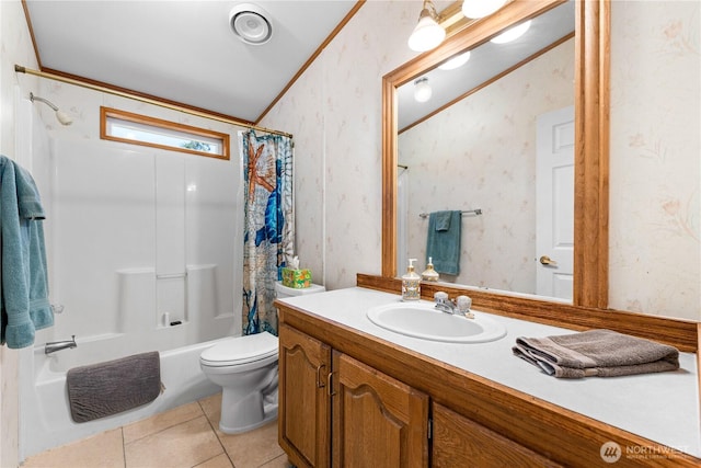 301 Salmonberry Ln, Friday Harbor, WA 98250 - full bath with vanity, shower / bath combo, wallpapered walls, and tile patterned floors