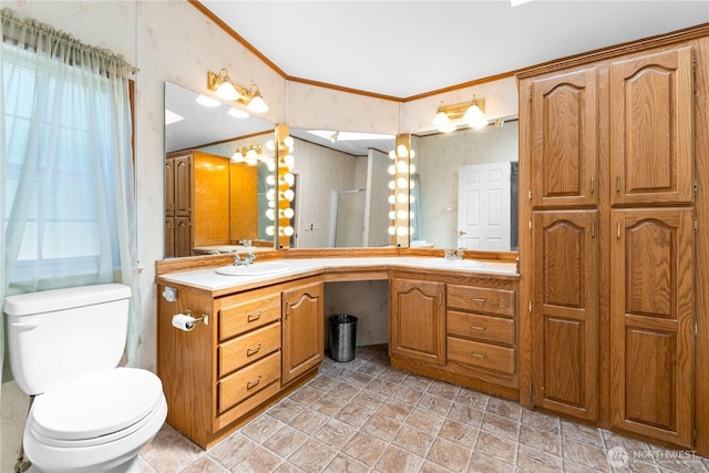 301 Salmonberry Ln, Friday Harbor, WA 98250 - bathroom featuring double vanity, ornamental molding, and an enclosed shower