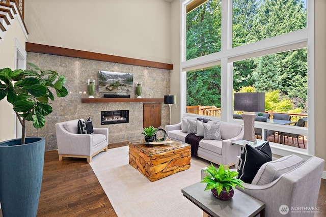 2507 101st Ln NE, Bellevue, WA 98004 - living area featuring a towering ceiling, wood finished floors, and a premium fireplace