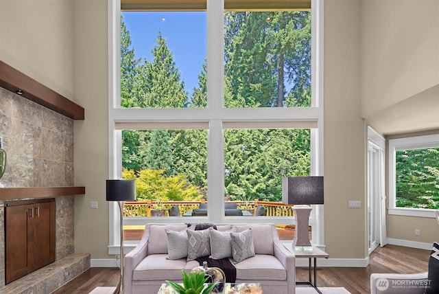 2507 101st Ln NE, Bellevue, WA 98004 - living area featuring a high ceiling and wood finished floors