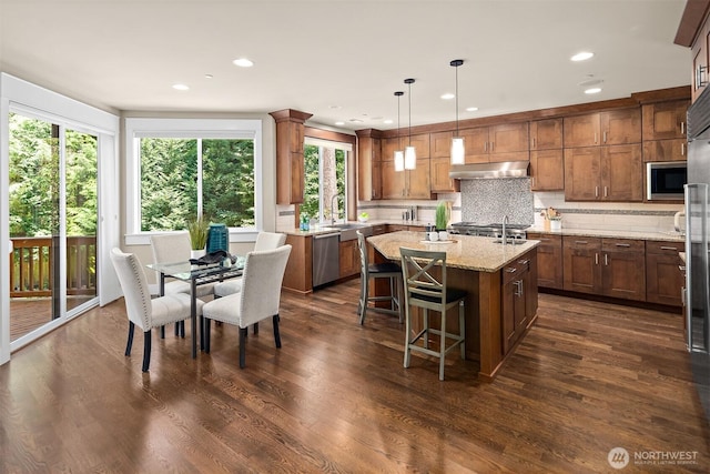 2507 101st Ln NE, Bellevue, WA 98004 - kitchen with appliances with stainless steel finishes, under cabinet range hood, a center island with sink, decorative backsplash, and dark wood-style flooring