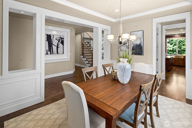 2507 101st Ln NE, Bellevue, WA 98004 - dining area with a chandelier, wood finished floors, stairway, recessed lighting, and crown molding