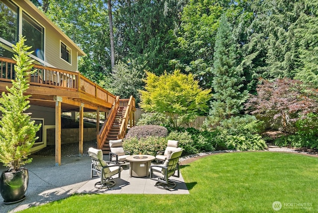 2507 101st Ln NE, Bellevue, WA 98004 - view of yard with an outdoor fire pit, stairway, a patio, and a wooden deck